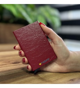 Mekanizmalı Kartlık Rfid Korumalı Alüminyum Otomatik Mekanizmalı Kredi Kartlık Desenli Kabartmalı Bordo Deri