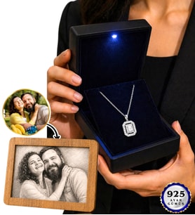 Kişiye Özel Karakalem Fotoğraf Çerçevesi ve 925 Ayar Gümüş Baget Taşlı Kolye Premium Hediye