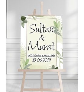 Söz Nişan Düğün İçin 50x70 Karşılama Panosu - Tropikal Çiçek ve Yaprak Tasarımlı
