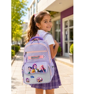 Kidsbag Kız Çocuk 3'lü Okul Çantası Seti Mor Pembe Desenli Sırt Çantası Beslenme Kalemlik Seti