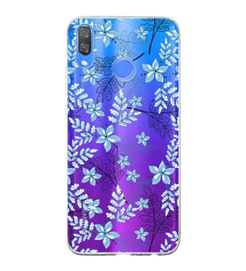 Huawei Y9 2019 Uyumlu Kapak Floral Mavi Tasarımlı Şeffaf Silikon Kılıf