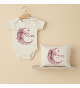 Pia Baby Premium %100 Pamuk İsme Özel Organik Baskılı Çıtçıtlı Bebek Body Ve Yastık Kılıfı 5065-19 (Ekru)