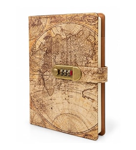 Antik Dünya Haritası Desenli Şifreli Deri Günlük / Defter