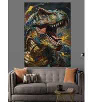 Renkli Dinozor T-Rex Resmi Dekoratif Kanvas - Mdf Ahşap Tablo