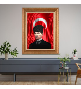 Altın Varaklı Çerçeveli Paspartulu Atatürk Tablo TR1540 (Gold)