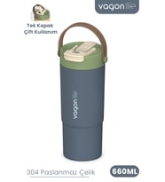 Tumbler Mug 660 ML Tek Kapak Çift Kullanım Pipetli Rahat İçim Kulplu Paslanmaz Çelik Termos 1102-660ML