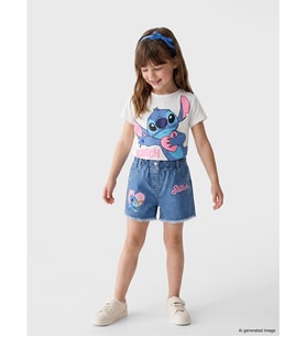 LCW Kids Mavi Lilo & Stitch Baskılı Kız Çocuk Jean Şort
