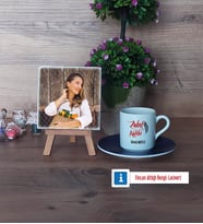 Zabıt Katibi Fotoğraflı Dekoratif Taş, Ahşap Altlıklı Türk Kahvesi Fincanı Hediye (Model 4)