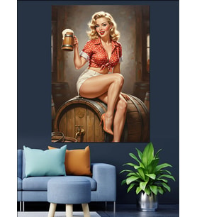 Bira Fıçısında Oturan Pin-Up Kızı Dekoratif Kanvas - Mdf Ahşap Tablo