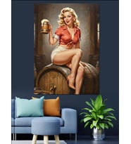 Bira Fıçısında Oturan Pin-Up Kızı Dekoratif Kanvas - Mdf Ahşap Tablo