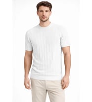 Basice Erkek Yazlık Fitilli Triko Tişört Kısa Kol Bisiklet Yaka T-Shirt - Beyaz