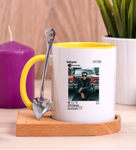 Kişiye Özel İnstagram Tasarım Fotoğraflı Ahşap Altlıklı Sarı Kupa Bardak
