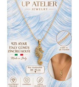 925 Ayar Gümüş İthal Zincirli Zirkon Taşlı Denizatı Kolye 40-45cm Ayarlanabilir