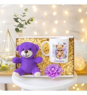 Kişiye Özel Kupa Bardak Mor Peluş Ayıcık Lotus Mum  Kutulu Hediye Seti