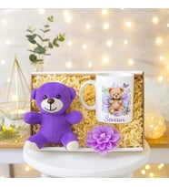 Kişiye Özel Kupa Bardak Mor Peluş Ayıcık Lotus Mum  Kutulu Hediye Seti