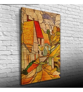 Bej ve Kavuniçi Renklerde Köy Tasviri Kanvas Tablo 50 x 70