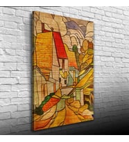 Bej ve Kavuniçi Renklerde Köy Tasviri Kanvas Tablo 50 x 70