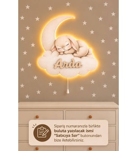 Ahşap İsme Özel Tavşan Lamba Yıldız Hediyeli Pilli Ledli Gece Lambası Bebek Çocuk Odası