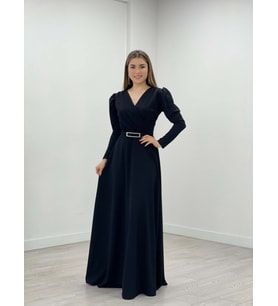 Krep Kumaş Kruvaze Yaka Kiloş Elbise - SİYAH