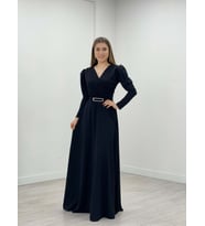 Krep Kumaş Kruvaze Yaka Kiloş Elbise - SİYAH