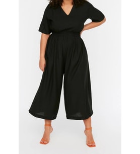 Büyük Beden Kadın Moda Standart Kol Geniş Paça V Yaka Düz Desen Uzun Bel Detaylı Tulum (Siyah)