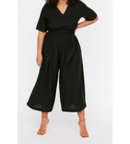 Büyük Beden Kadın Moda Standart Kol Geniş Paça V Yaka Düz Desen Uzun Bel Detaylı Tulum (Siyah)