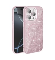 Apple iPhone 15 Pro Uyumlu Kılıf M-safe Şarj Özellikli Parlayan Simli Zore Okso Kapak (Pembe)