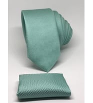 Su Yeşili Mendilli Slim Fit Oxford Kuş Gözü Desen Kravat