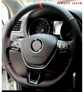 Vw Golf 6 Uyumlu Dikmeli Deri Direksiyon Kılıfı Alkantara Karbon Kırmızı