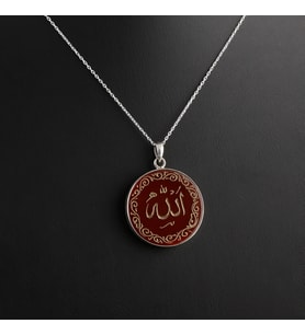 Allah Yazılı Akik Doğal Taşlı 925 Ayar Gümüş Kolye