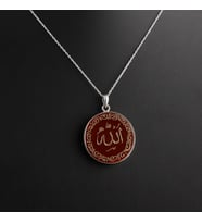 Allah Yazılı Akik Doğal Taşlı 925 Ayar Gümüş Kolye