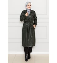 Kuşaklı Deri Trençkot-Haki