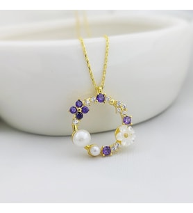 Vaoov 925 Ayar Gümüş Lacivert Taşlı İncili Çiçek Kolye (Gold)