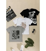 3'lü Kaplan Baskılı Siyah Beyaz Gri Tshirt