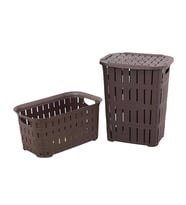 Sağlam Plastik Bambu Görünümlü Kirli Çamaşır Sepeti- Çamaşır sepeti 2'li Set Kah