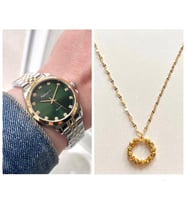 Ferrucci Zirkon Taşlı Kadın Kol Saati+%100 Çelik Dorikalı Kolye Hediye (Yeşil-Gold)