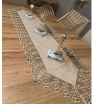 Kadife Dantel Detaylı Runner (140x40cm) Kahve