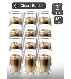 12’li Set Büyük Latte Bardağı Cappuccino Bardağı Çift Cidarlı Bardak Americano Bardağı 450 ml
