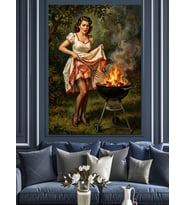 Mangalda Et Pişiren Pin-Up Dekoratif Kanvas - Mdf Ahşap Tablo