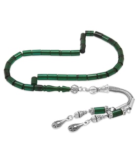 Ateş Kehribar Tesbih - Kararmaz Metal Damla Püsküllü - Yeşil Siyah - Mini Boy - Kesme Kesim (STD)