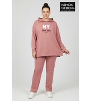 Büyük Beden Kapşonlu NY Newyork Baskılı Tunik ince Sweatshırt SPR26BTK991-1