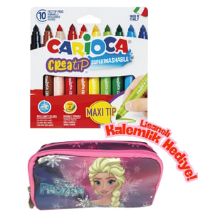 Lisanslı Frozen Kalemlik HEDİYELİ - Carioca Creatip 10 Renk Yıkanabilir Keçeli Kalem Büyük Boy (Pembe - Beyaz - Krem)