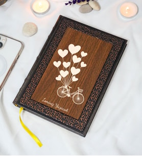 Kişiye Özel Bisiklet Desenli Termo Deri + Ahşap Anı Defteri - Çizgili Defter - Hediyelik (15x21 cm - 320 Sayfa) A5