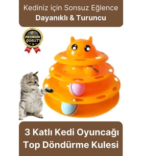 Premium Eğlenceli Renkli Dayanıklı Yuvarlak Kauçuk Pedli 3 Katlı Kedi Oyuncağı Top Döndürme Kulesi