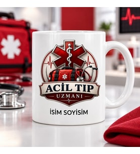 Acil Tıp Uzmanı Kupa Bardak Kırmızı Tıp Sembolü ve Çanta Desenli