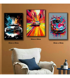 spor yarış arabaları çok renkli efect tablosu 3 adet 35cmx50cm kumaş baskılı canvas tablo