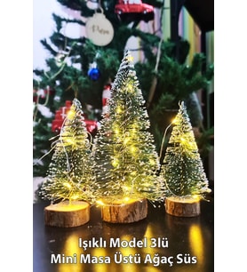 3’lü Mini Masa Üstü Yılbaşı Ağacı Seti (15 cm – 10 cm – 8 cm) Dekoratif LED Işıklı Çam Ağaçları
