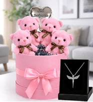 Ayıcık Buketi 4’lü Pembe Love Ayıcık Hediye Kutusu, Seni Seviyorum Balon & Melek Kanadı Kolye Seti