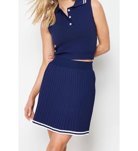 Moda Renk Bloklu Polo Yaka Casual Günlük Polo Yaka Pileli Etekli Triko Alt-Üst Takım (Lacivert)