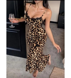Amora Secret Pamuklu Leopar Desenli İnce Askılı Uzun Elbise